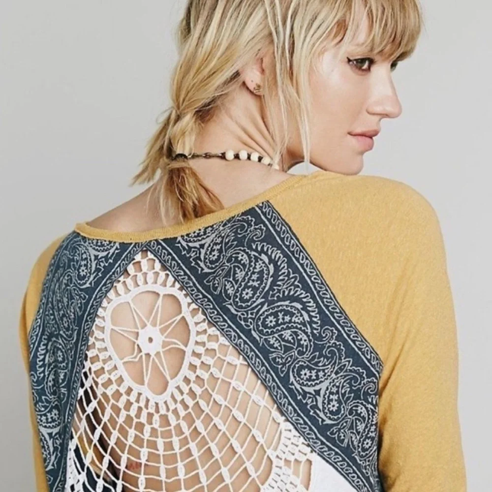 Free People Road Trip Crocheted Henley Crop Raw Hem Rare